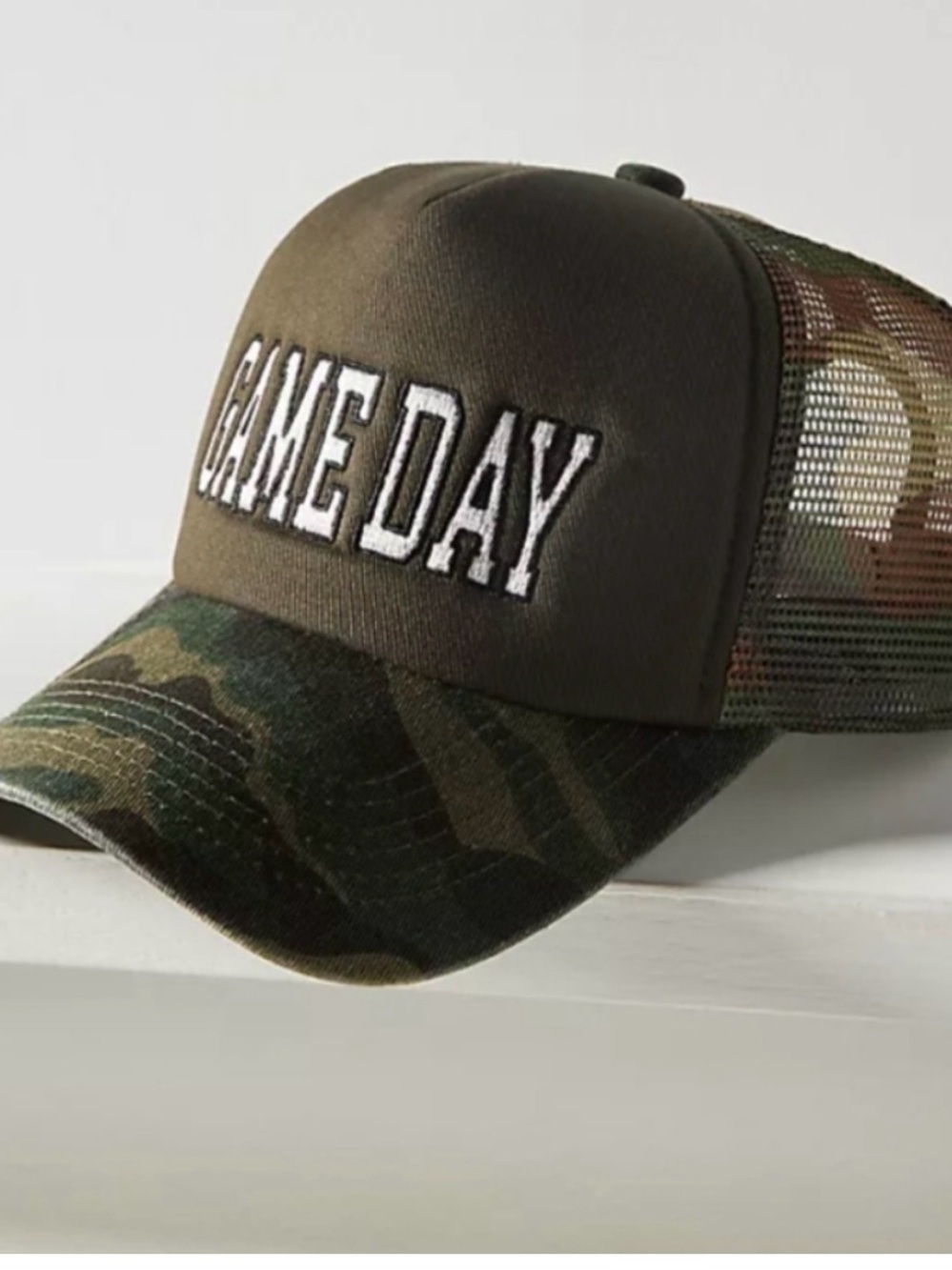 Anthropologie GAME DAY Trucker Hat in Olive and Camouflage